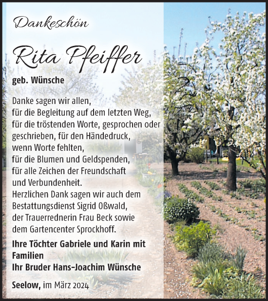 Traueranzeige von Rita Pfeiffer von Märkische Oderzeitung