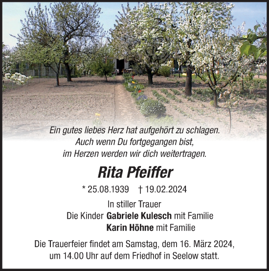 Traueranzeige von Rita Pfeiffer von Märkische Oderzeitung