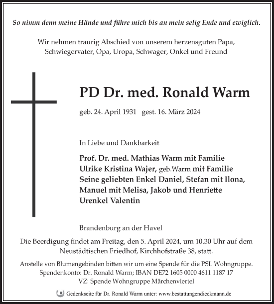 Traueranzeige von Ronald Warm von Märkische Oderzeitung