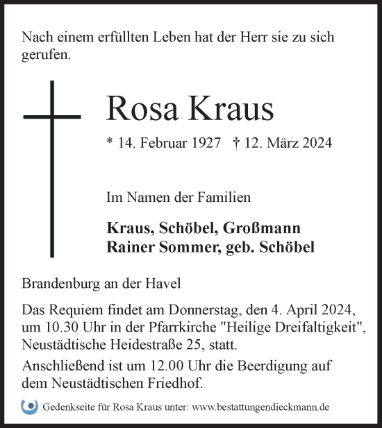Traueranzeige von Rosa Kraus von Märkische Oderzeitung