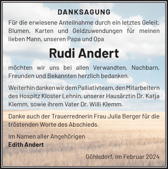 Traueranzeige von Rudi Andert von Märkische Oderzeitung