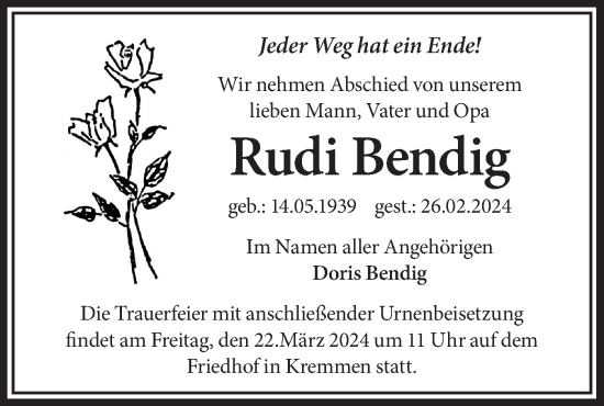Traueranzeige von Rudi Bendig von Märkische Oderzeitung