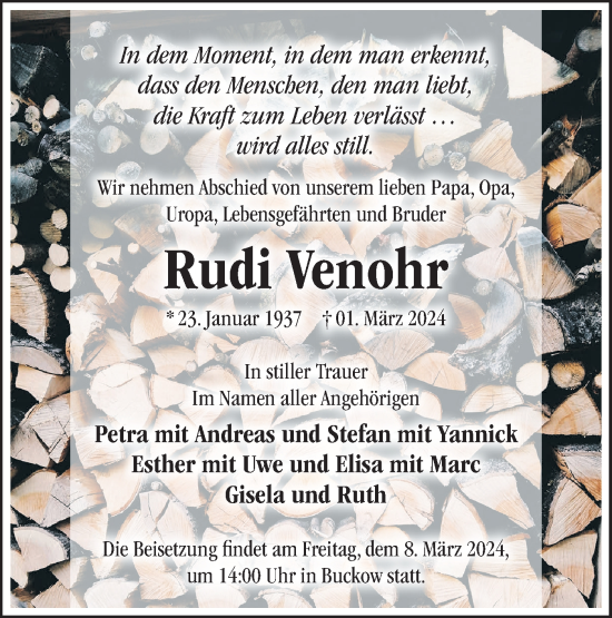 Traueranzeige von Rudi Venohr von Märkische Oderzeitung