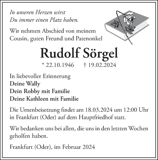 Traueranzeige von Rudolf Sörgel von Märkische Oderzeitung