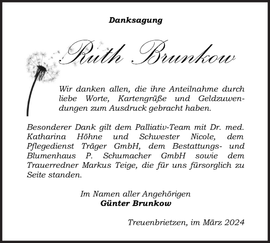 Traueranzeige von Ruth Brunkow von Märkische Oderzeitung