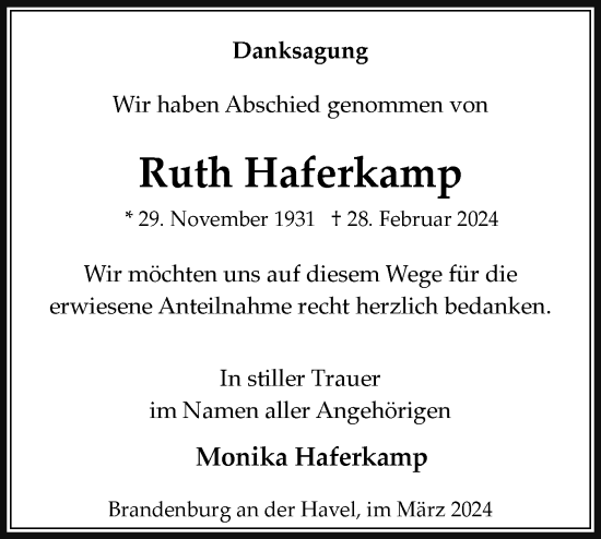 Traueranzeige von Ruth Haferkamp von Märkische Oderzeitung