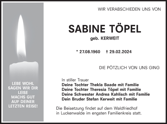 Traueranzeige von Sabine Töpel von Märkische Oderzeitung