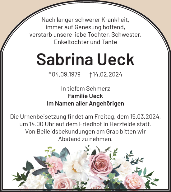 Traueranzeige von Sabrina Ueck von Märkische Oderzeitung