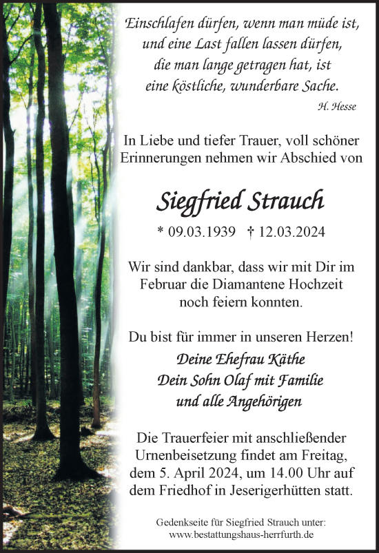 Traueranzeige von Siegfried Strauch von Märkische Oderzeitung