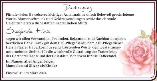 Traueranzeige von Sieglinde Hinz von Märkische Oderzeitung