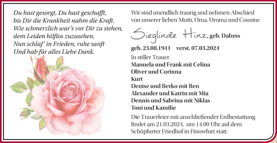 Traueranzeige von Sieglinde Hinz von Märkische Oderzeitung