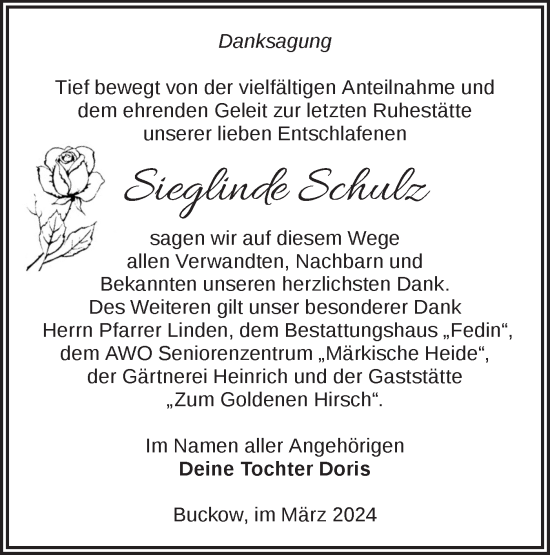 Traueranzeige von Sieglinde Schulz von Märkische Oderzeitung