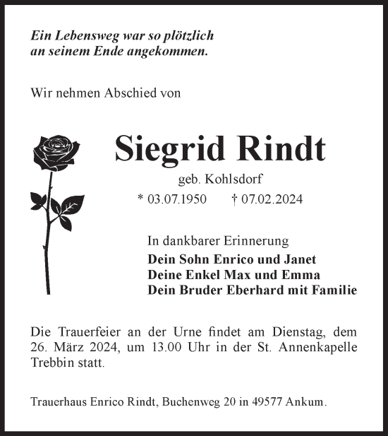 Traueranzeige von Siegrid Rindt von Märkische Oderzeitung