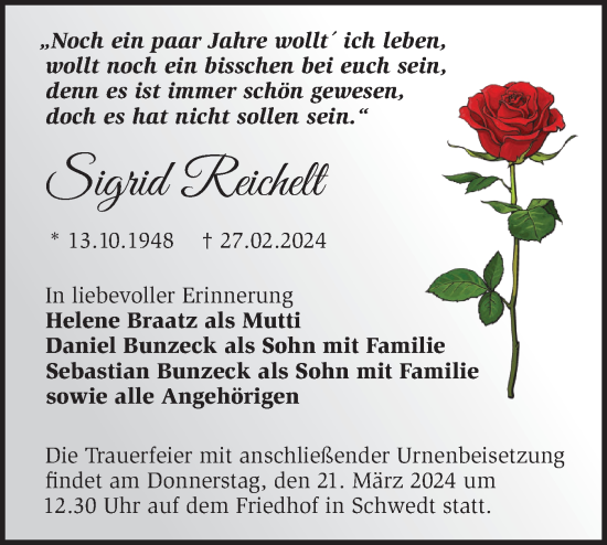 Traueranzeige von Sigrid Reichelt von Märkische Oderzeitung
