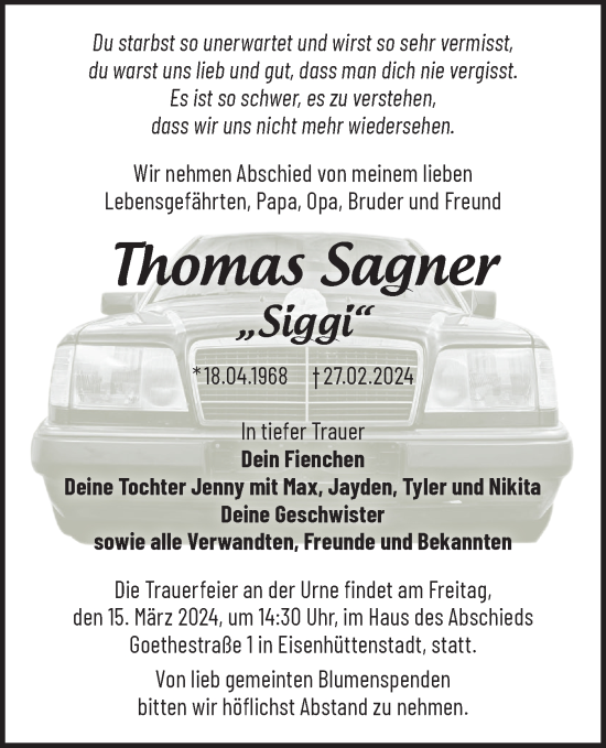 Traueranzeige von Thomas Sagner von Märkische Oderzeitung