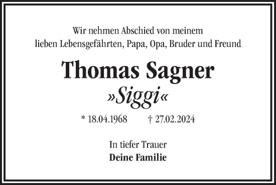 Traueranzeige von Thomas Sagner von Märkische Oderzeitung