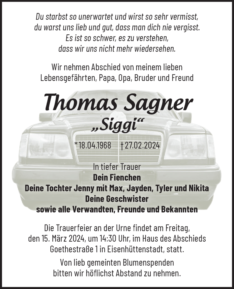  Traueranzeige für Thomas Sagner vom 09.03.2024 aus Märkische Oderzeitung