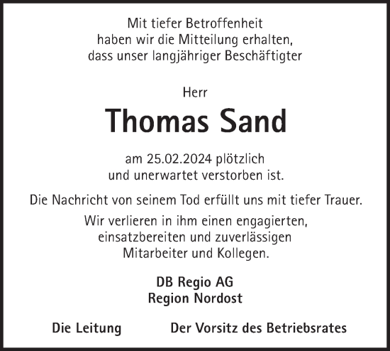 Traueranzeige von Thomas Sand von Märkische Oderzeitung