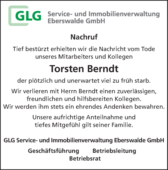 Traueranzeige von Torsten Berndt von Märkische Oderzeitung