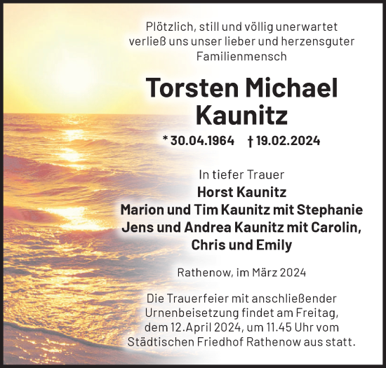 Traueranzeige von Torsten Michael Kaunitz von Märkische Oderzeitung