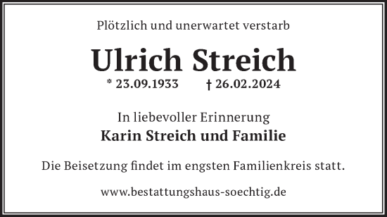Traueranzeige von Ulrich Streich von Märkische Oderzeitung
