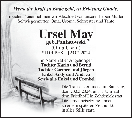 Traueranzeige von Ursel May von Märkische Oderzeitung