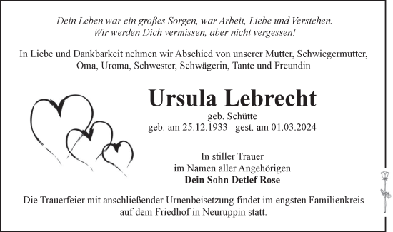 Traueranzeige von Ursula Lebrecht von Märkische Oderzeitung