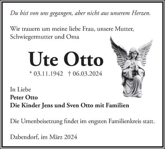 Traueranzeige von Ute Otto von Märkische Oderzeitung