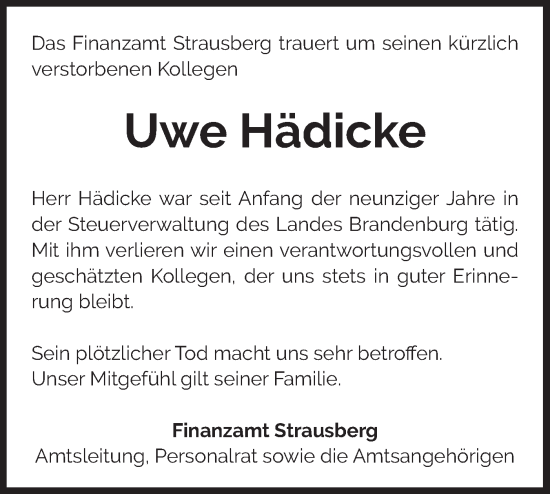 Traueranzeige von Uwe Hädicke von Märkische Oderzeitung