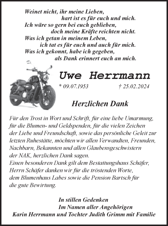 Traueranzeige von Uwe Herrmann von Märkische Oderzeitung