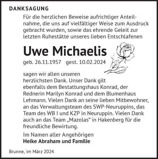 Traueranzeige von Uwe Michaelis von Märkische Oderzeitung