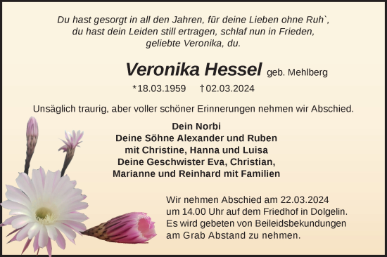 Traueranzeige von Veronika Hessel von Märkische Oderzeitung
