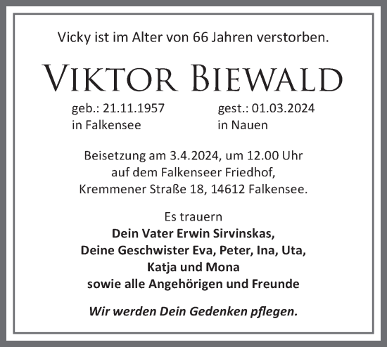 Traueranzeige von Viktor Biewald von Märkische Oderzeitung