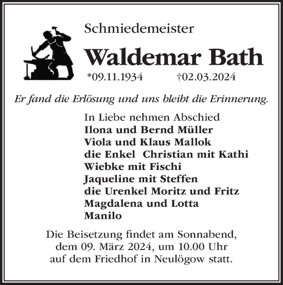 Traueranzeige von Waldemar Bath von Märkische Oderzeitung
