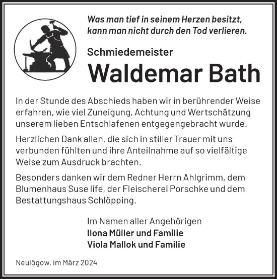 Traueranzeige von Waldemar Bath von Märkische Oderzeitung