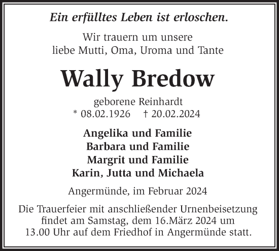 Traueranzeige von Wally Bredow von Märkische Oderzeitung