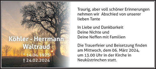 Traueranzeige von Waltraud Köhler - Herrmann von Märkische Oderzeitung
