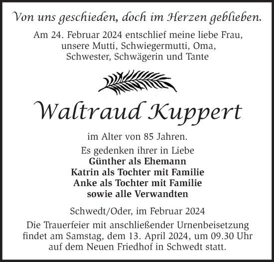 Traueranzeige von Waltraud Kuppert von Märkische Oderzeitung