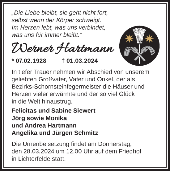 Traueranzeige von Werner Hartmann von Märkische Oderzeitung
