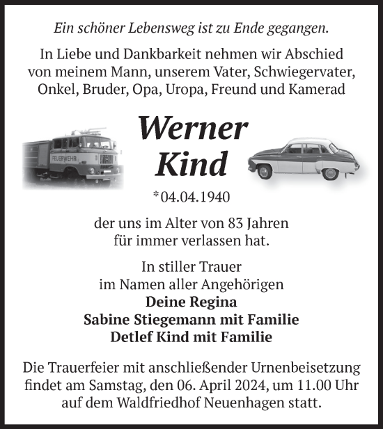 Traueranzeige von Werner Kind von Märkische Oderzeitung