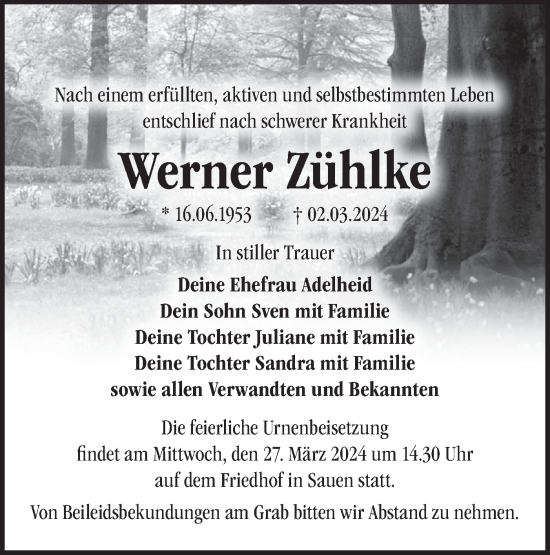 Traueranzeige von Werner Zühlke von Märkische Oderzeitung