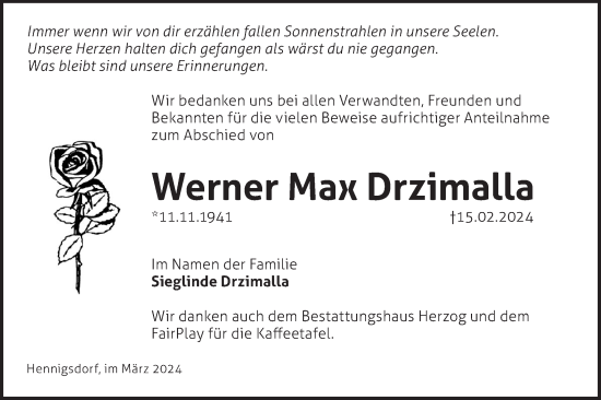 Traueranzeige von Werner Max Drzimalla von Märkische Oderzeitung