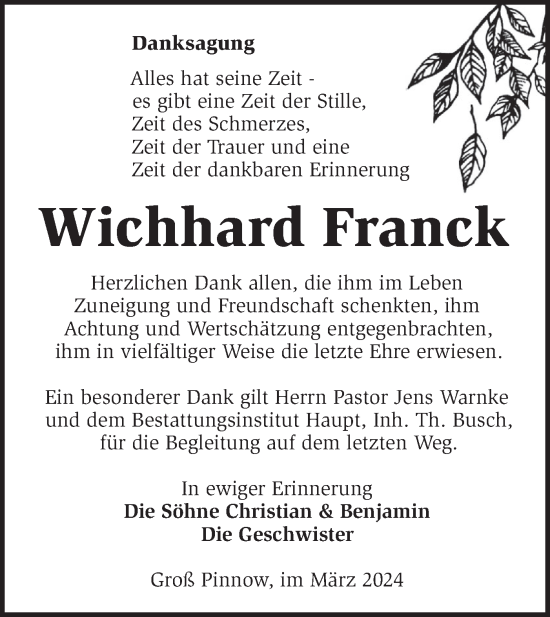 Traueranzeige von Wichhard Franck von Märkische Oderzeitung