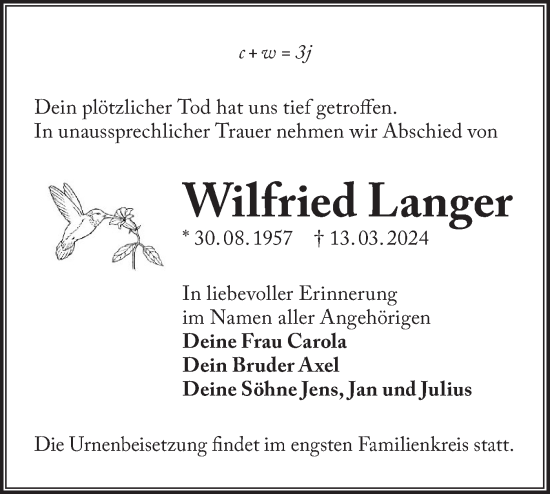 Traueranzeige von Wilfried Langer von Märkische Oderzeitung