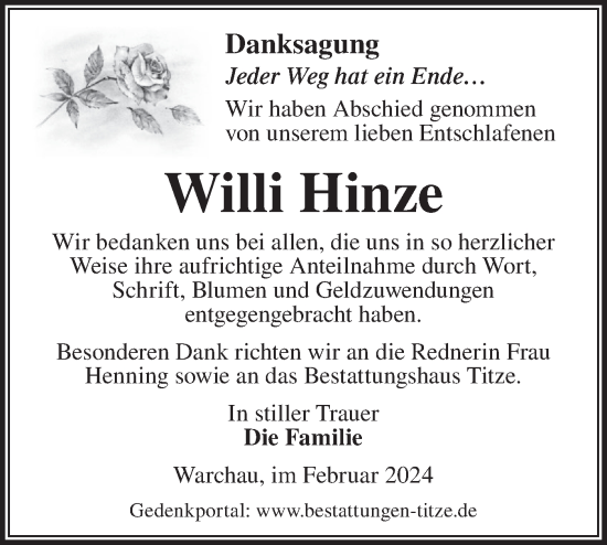 Traueranzeige von Willi Hinze von Märkische Oderzeitung