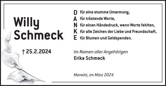 Traueranzeige von Willy Schmeck von Märkische Oderzeitung
