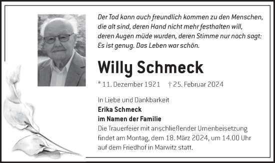 Traueranzeige von Willy Schmeck von Märkische Oderzeitung