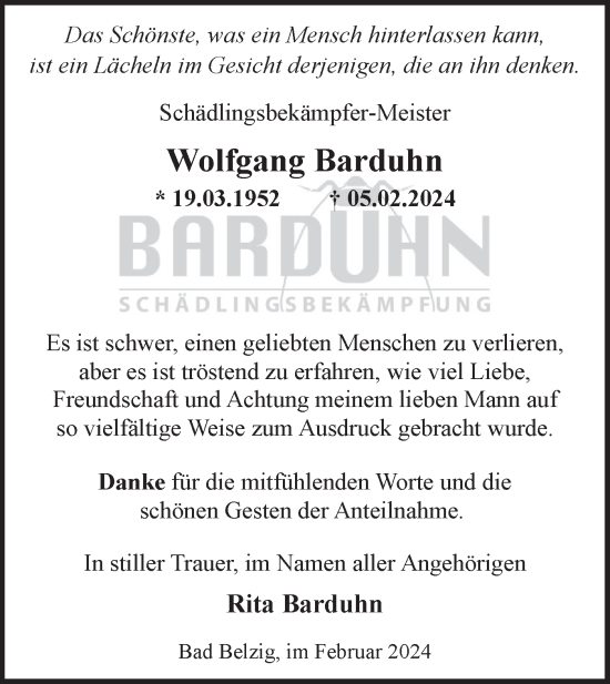 Traueranzeige von Wolfgang Barduhn von Märkische Oderzeitung