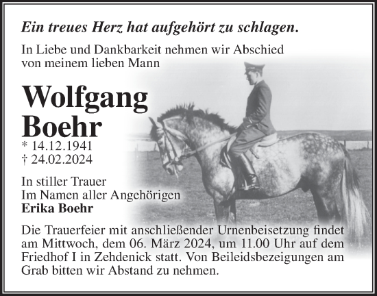 Traueranzeige von Wolfgang Boehr von Märkische Oderzeitung