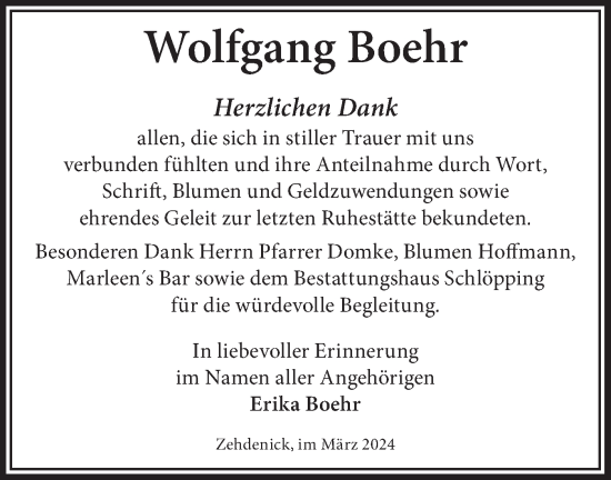 Traueranzeige von Wolfgang Boehr von Märkische Oderzeitung